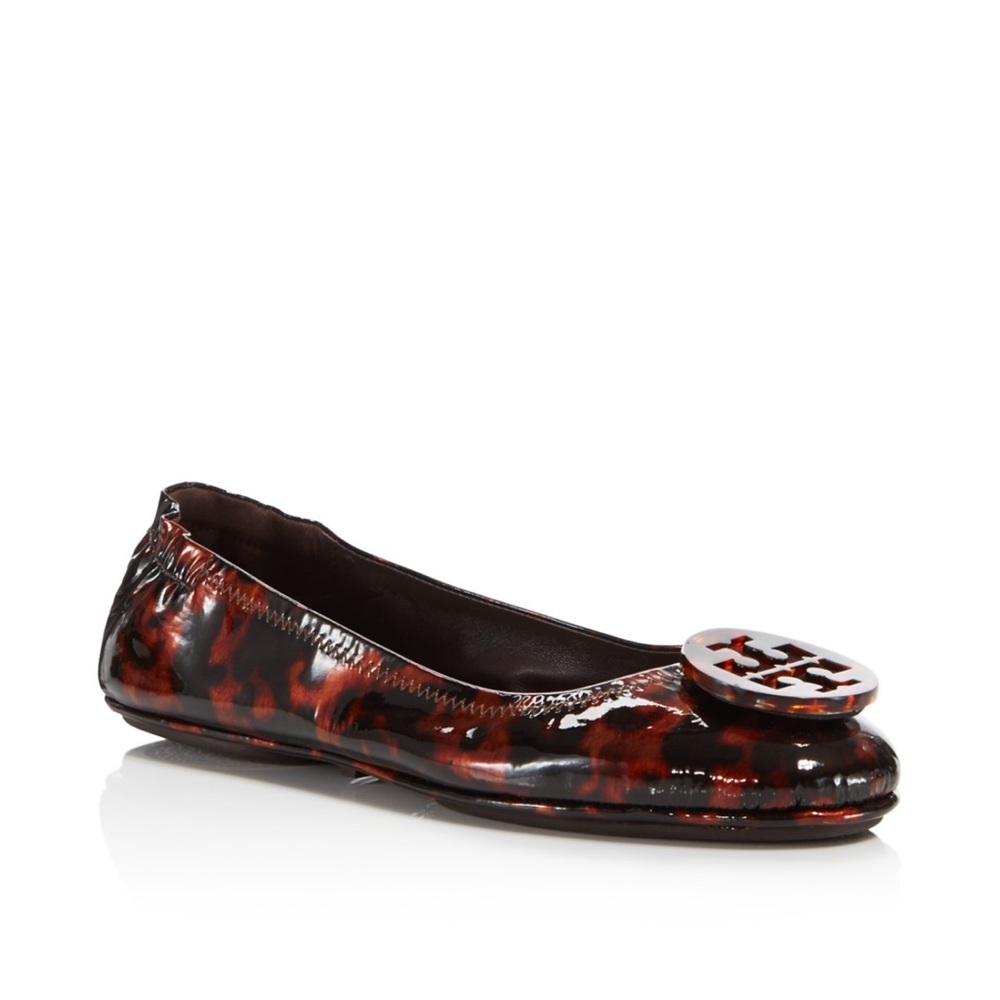 Tory Burch Women's Minnie Travel Ballet with Logo Printed Patent Tortoise
